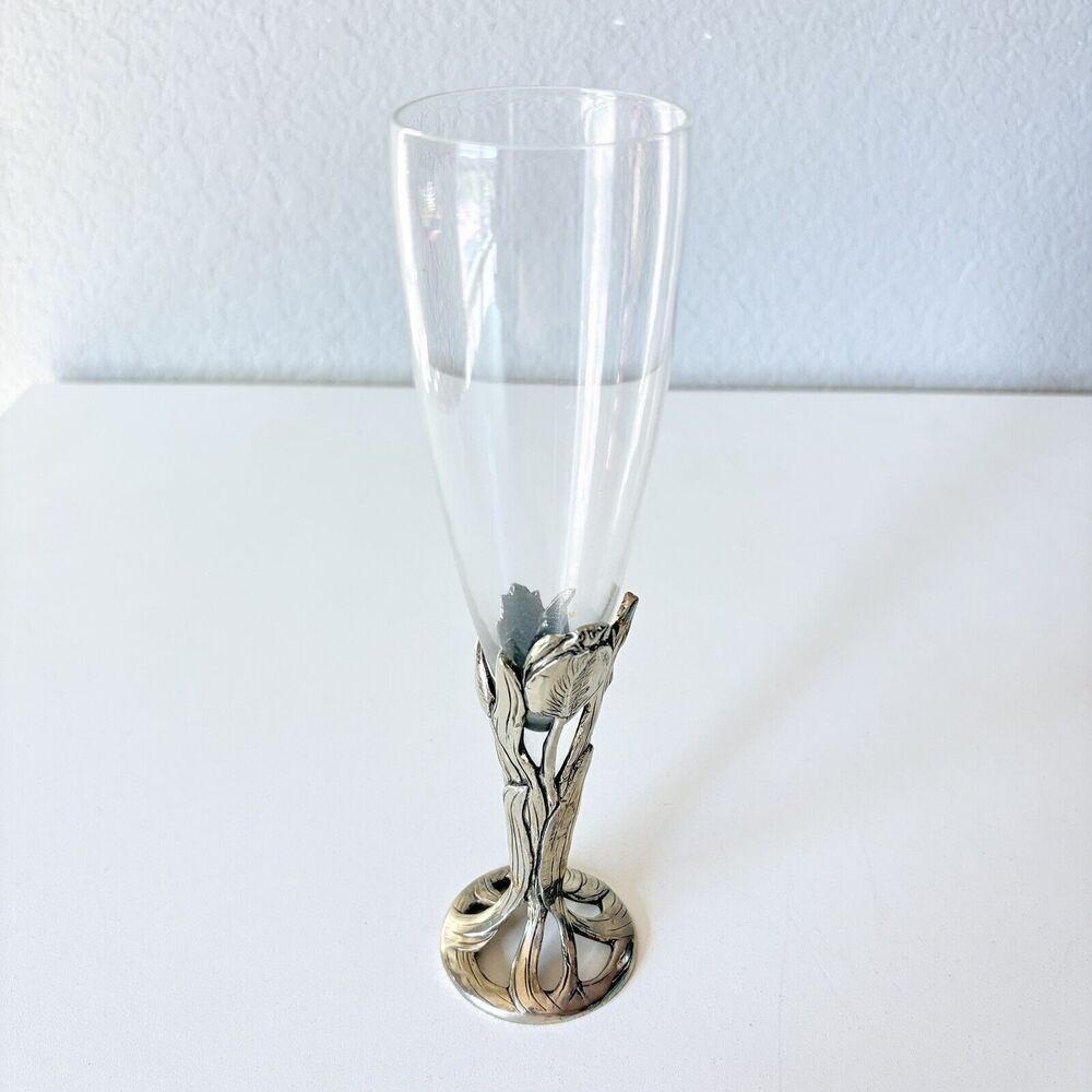 Vintage 1990 Seagull Canada Pewter Daffodils Champagne Glass Goblet 8-3/4” Tall